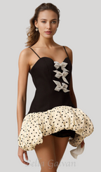 Flowering Girl Women bow polka dot patchwork mini dress in black