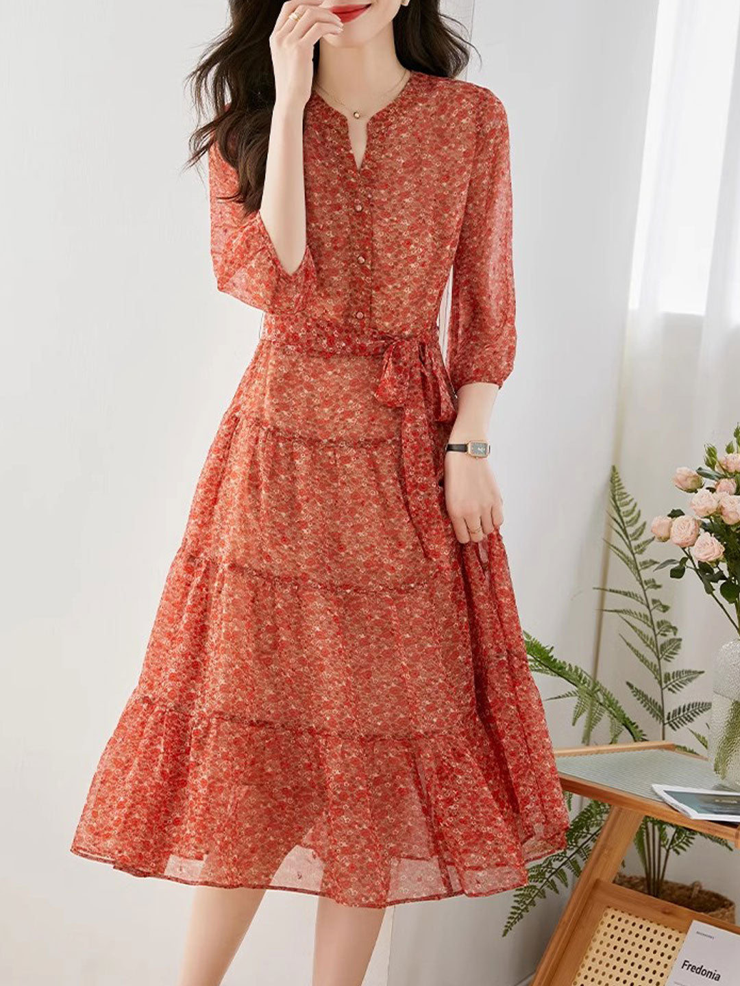 Flowering Girl Women lyuba Vintage Ruffle Floral Chiffon Maxi Dress