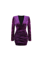 Flowering Girl Women Purple V Neck Ruched Velvet Mini Dress