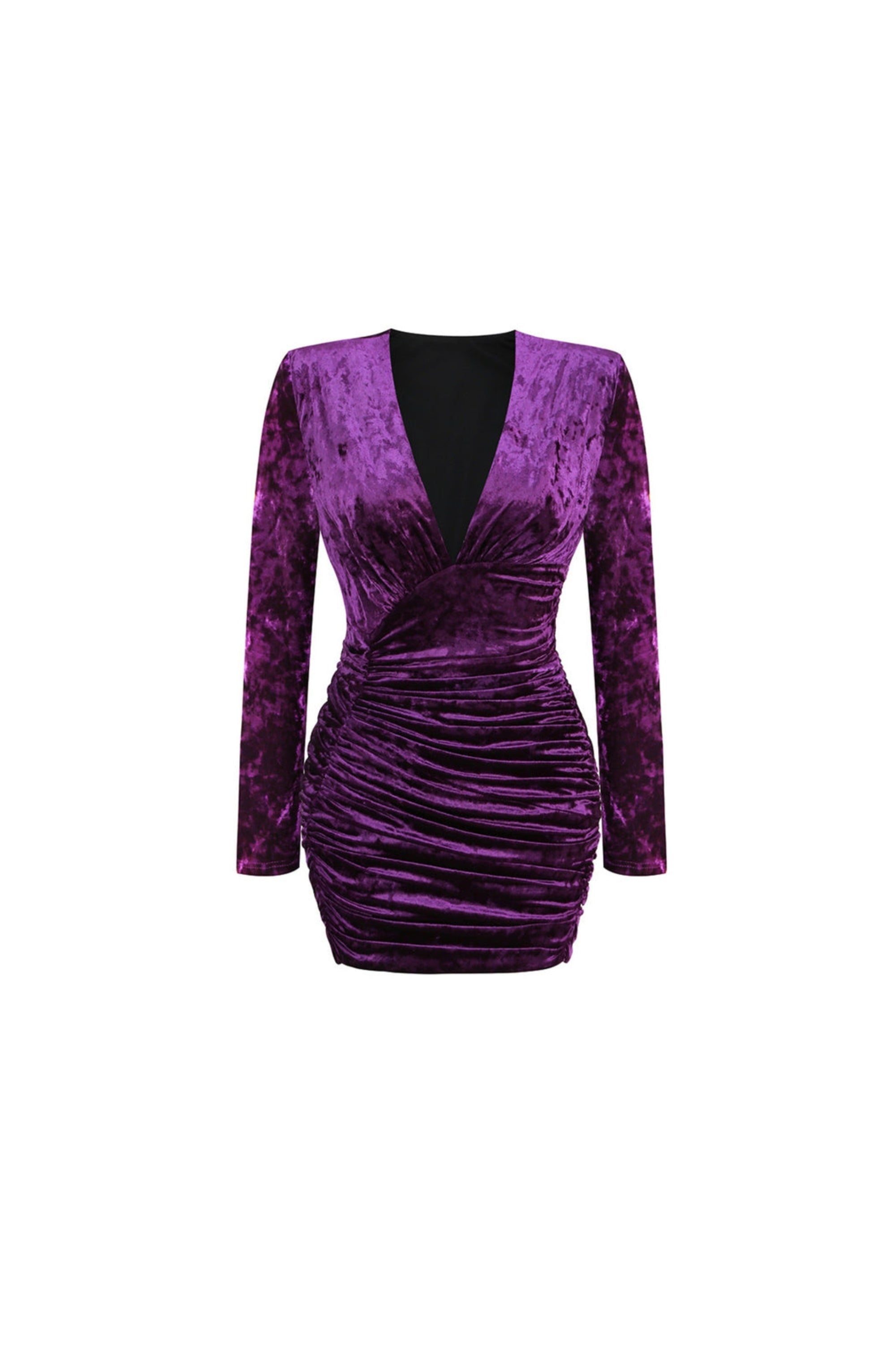 Flowering Girl Women Purple V Neck Ruched Velvet Mini Dress