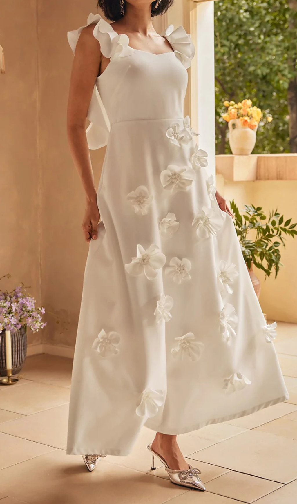 Flowering Girl Women Flower Ruffle Trim Strap Midi Dress In White