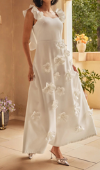 Flowering Girl Women Flower Ruffle Trim Strap Midi Dress In White