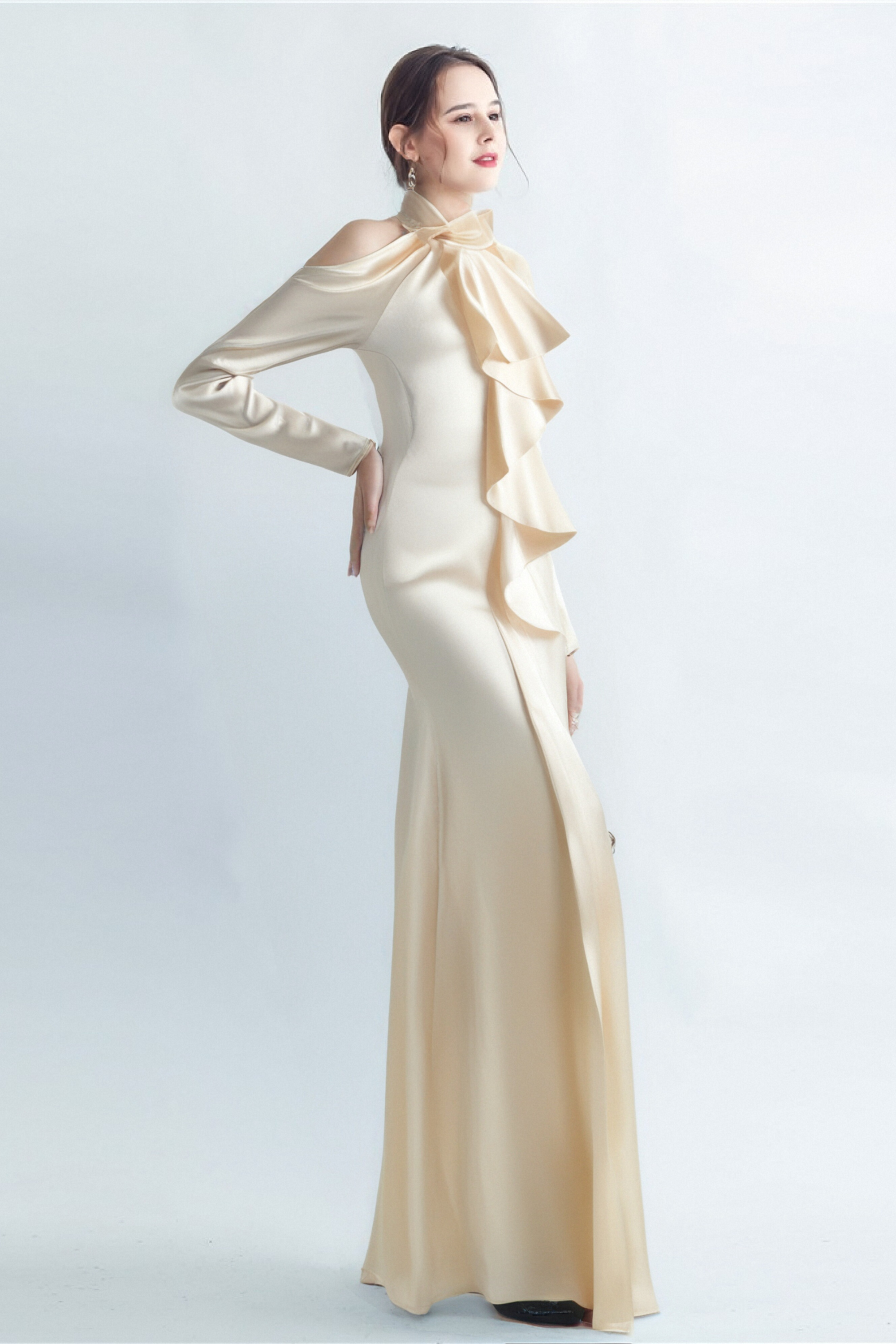Flowering Girl Women Rae Champagne One-Shoulder Ruffle Embellished Maxi Dress