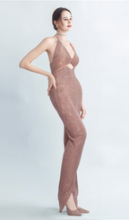 Flowering Girl Women HALTERNECK HOLLOW RHINESTONE MIDI DRESS