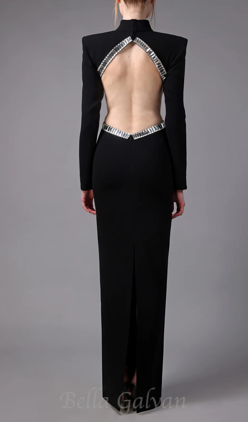 Flowering Girl Women baguette crystals side cutouts embroidered Black crêpe maxi dress