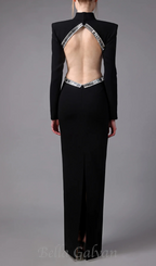 Flowering Girl Women baguette crystals side cutouts embroidered Black crêpe maxi dress