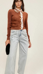 Flowering Girl Women Elisabetta brown embellished ruffled knit cardigan