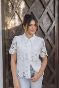 White Cut-Out Embroidery Lace Short-Sleeved Shirt Top