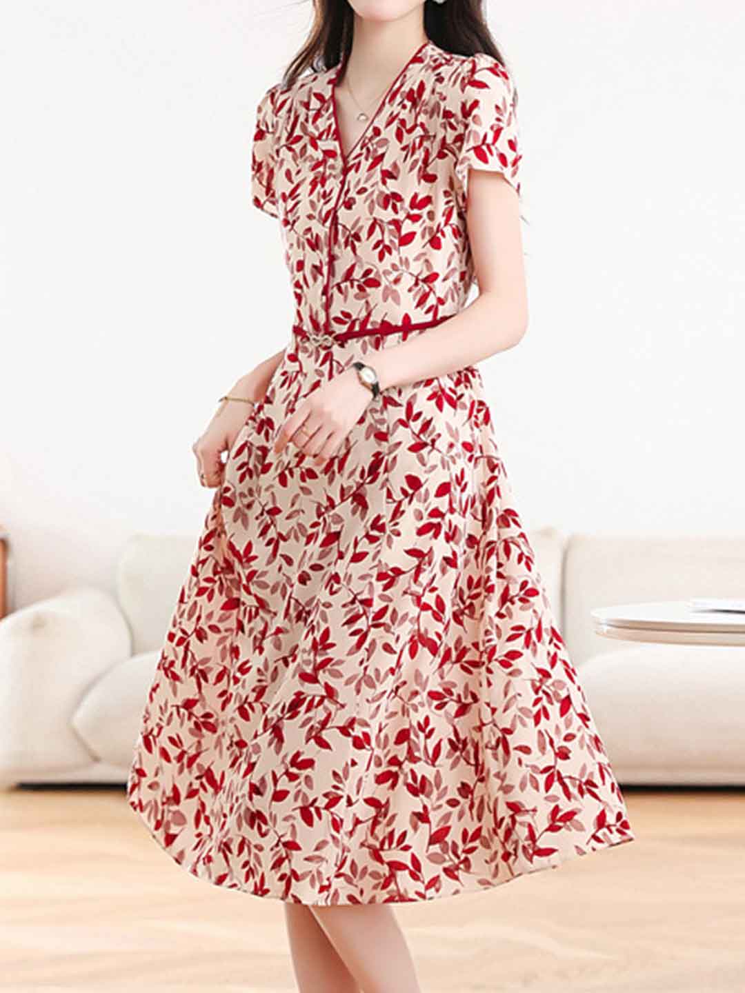 Flowering Girl Women quanna Daily V-Neck Printed Chiffon Dress