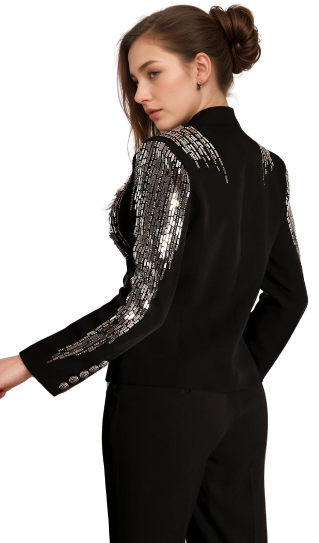 Flowering Girl Women andrea Faidra Rhinestone Double Breasted Lapel Blazer in black