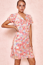 Flowering Girl Women Fawn Flower Embroidery Button Mini Dress In Pink