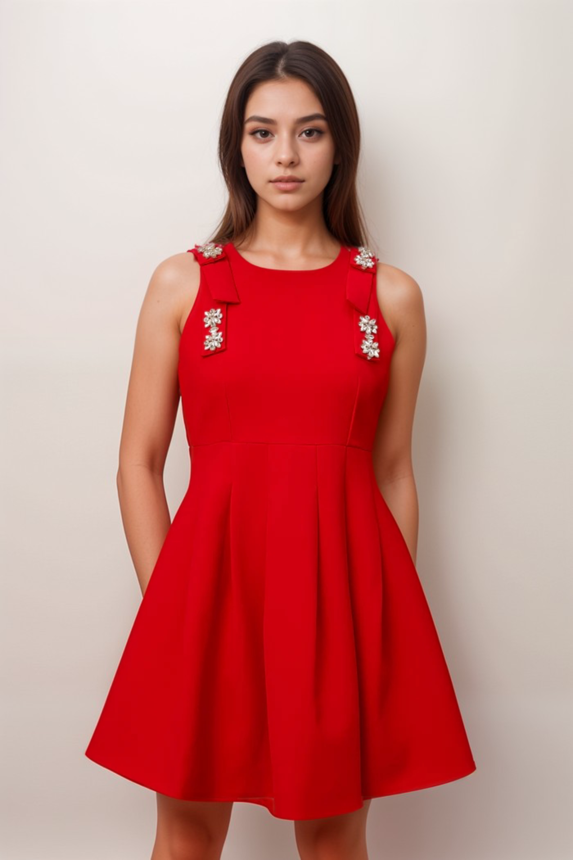 Flowering Girl Women Louisa Red Bow Sleeveless Pleated Mini Dress