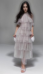 Flowering Girl Women Layered Ruffle Halter Dress with Sparkle Sheer Fabric