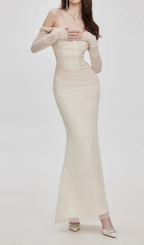 Ariel Apricot Mesh Off-Shoulder Mermaid Maxi Dress