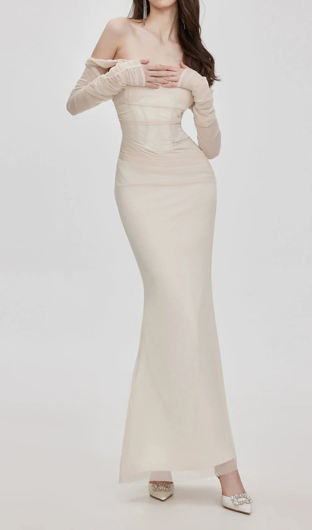 Ariel Apricot Mesh Off-Shoulder Mermaid Maxi Dress