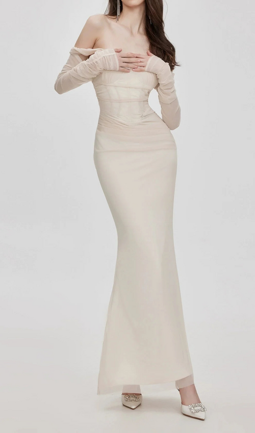 Ariel Apricot Mesh Off-Shoulder Mermaid Maxi Dress