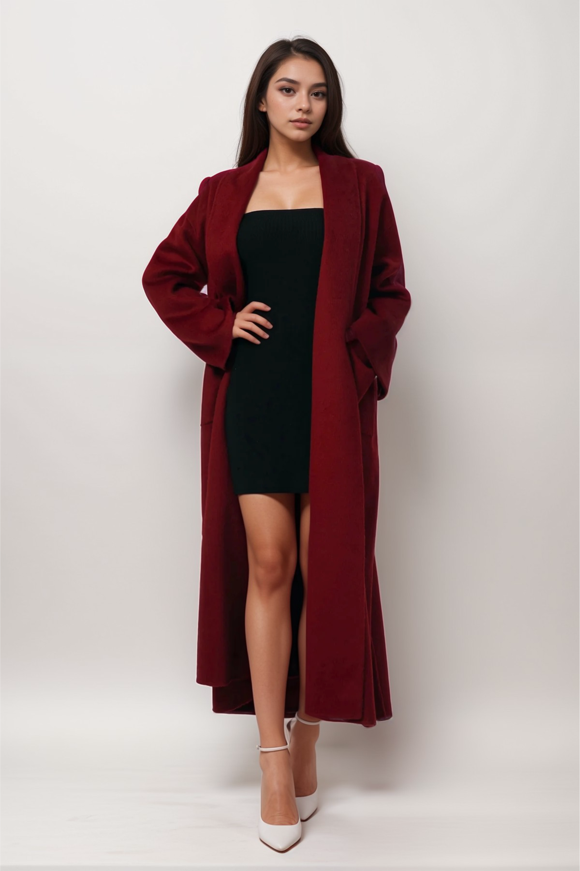 Flowering Girl Women Luxurious Deep Red Belted Wool Coat With Oversized Fit