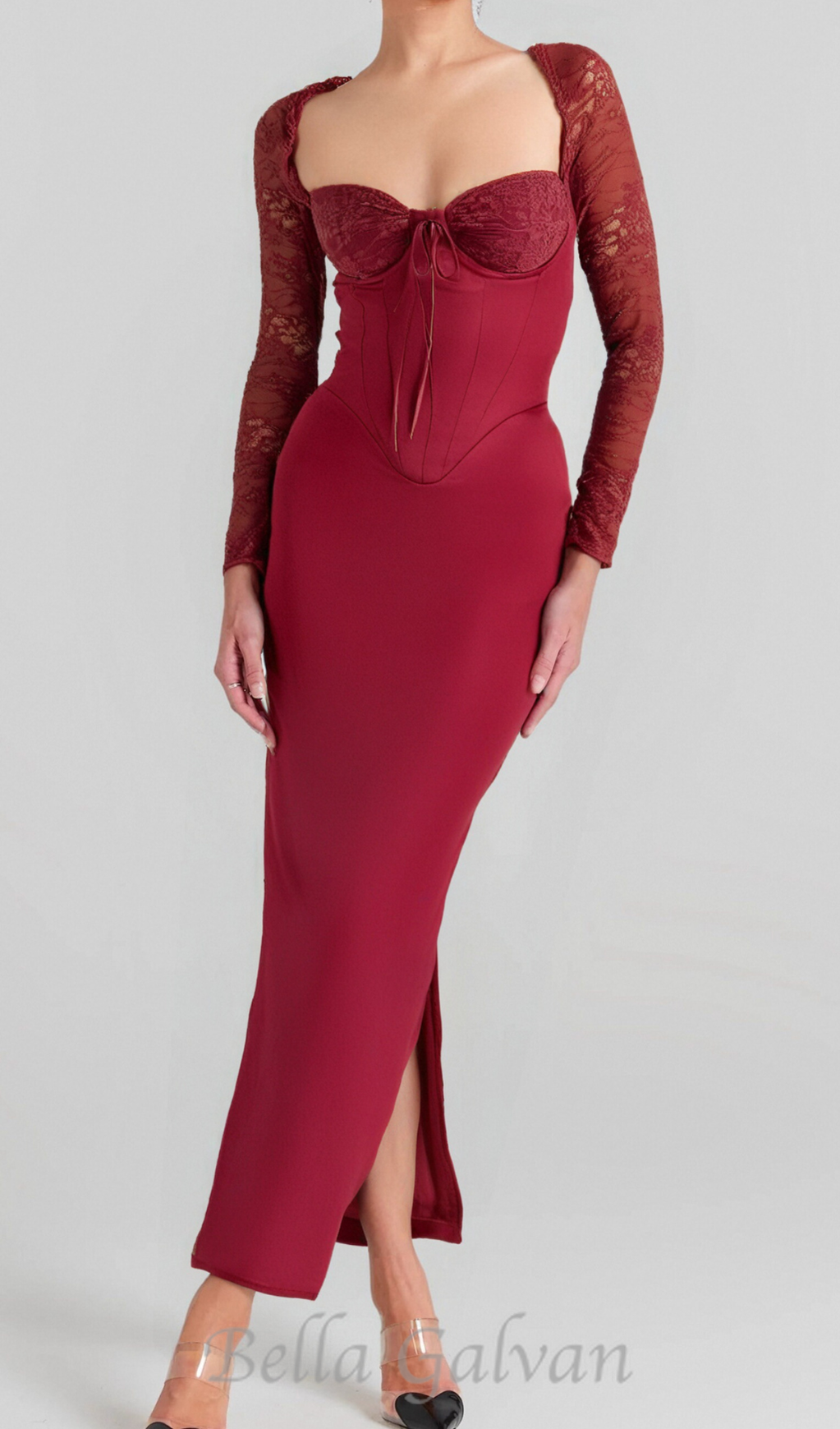 Flowering Girl Women satin corset maxi dress in burgundy