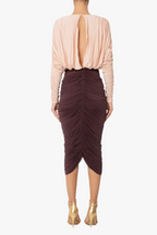 Flowering Girl Women Long Sleeve Two-Tone pleated Midi Dress in Brown