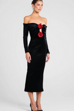 Flowering Girl Women Zanna Off Shoulders Flowers Velvet Maxi Dress In Black
