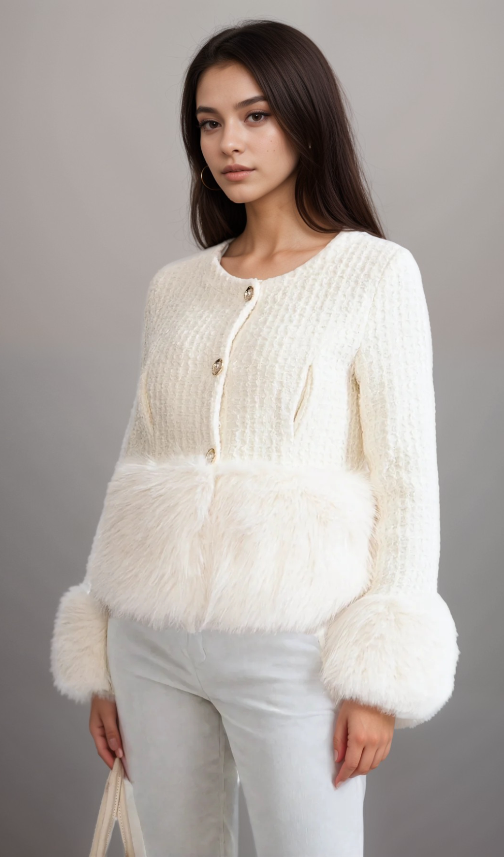 Flowering Girl Women Tweed Jacket withFaux Fur Accents
