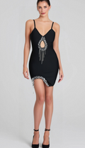 Flowering Girl Women Black Diamond Embellished Bandge Mini Dress