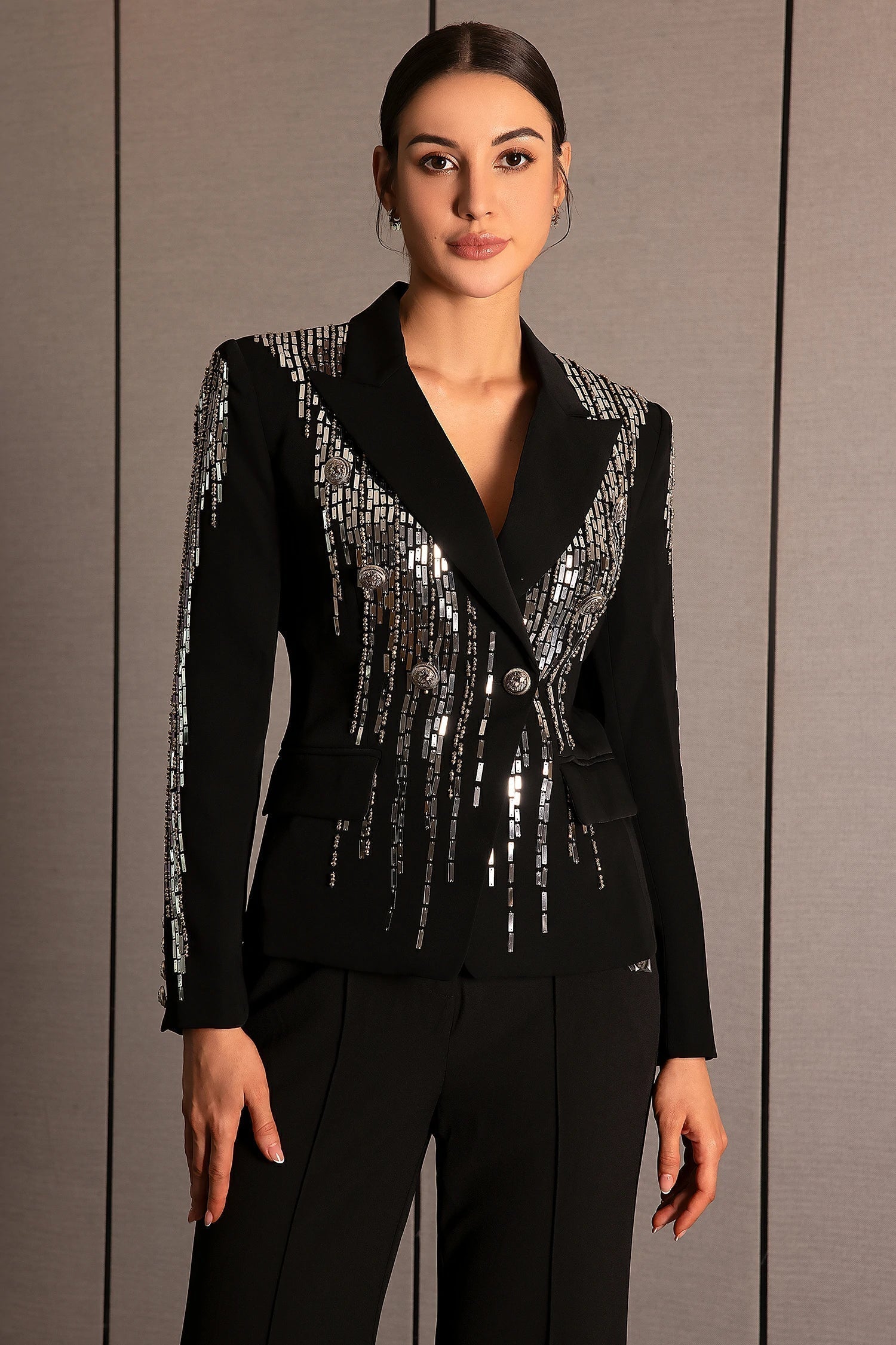 Flowering Girl Women Andrea Faidra Rhinestone Double Breasted Lapel Blazer In Black