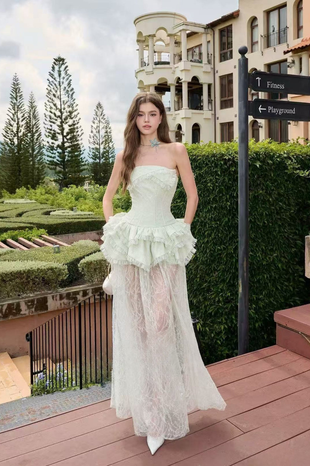 Tiffany Fitted Lace-Paneled Strapless Maxi Dress In Green