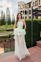 Tiffany Fitted Lace-Paneled Strapless Maxi Dress In Green