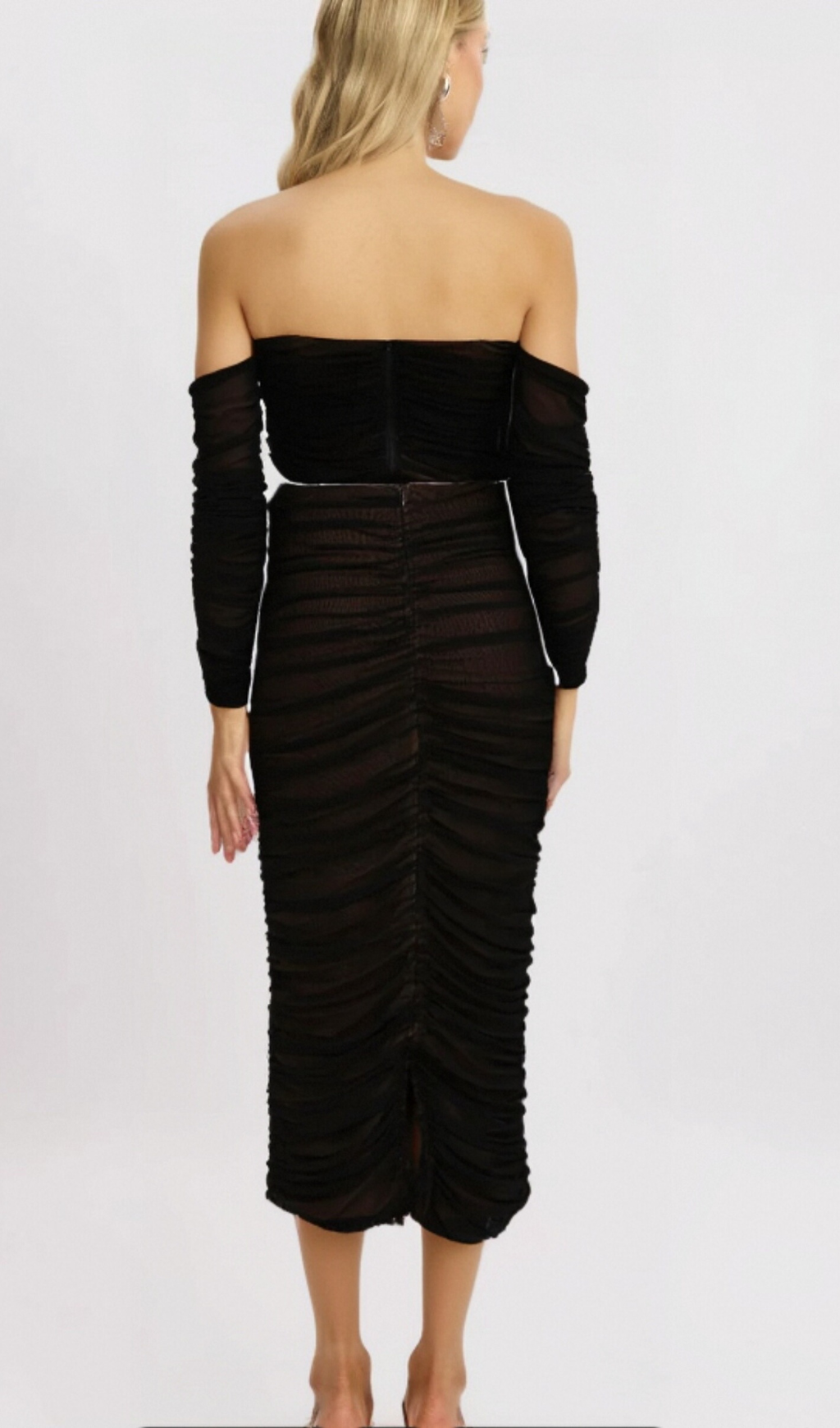 Flowering Girl Women Gwenonwy black ruched mesh top & skirt matching set