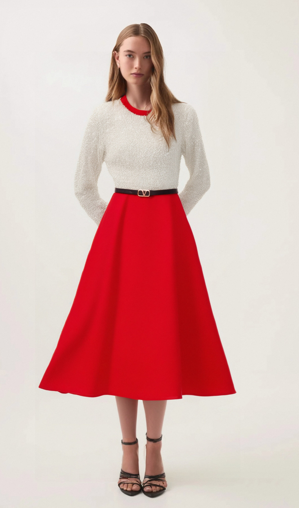 Flowering Girl Women Chloé red long-sleeve sequined patchwork midi dress