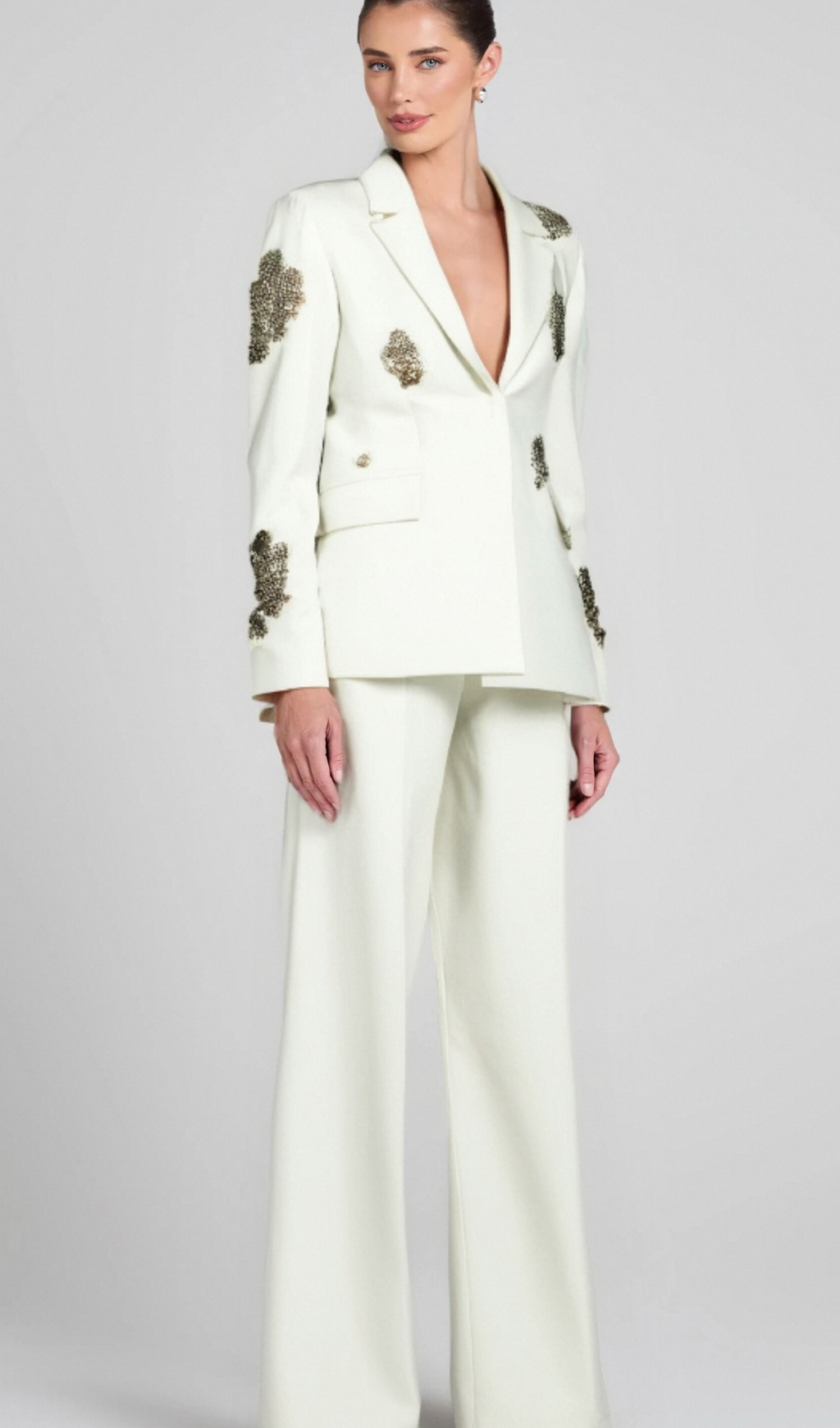 Flowering Girl Women Winee Rhinestones embellished Blazer Set White