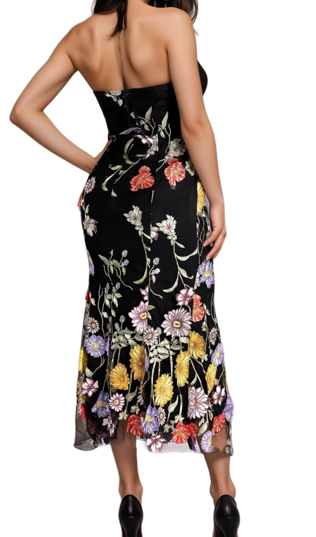 Flowering Girl Women Halter Embroider Floral midi Dress in black
