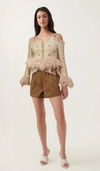 Flowering Girl Women Laetiecia off-shoulder feather-trim tweed top