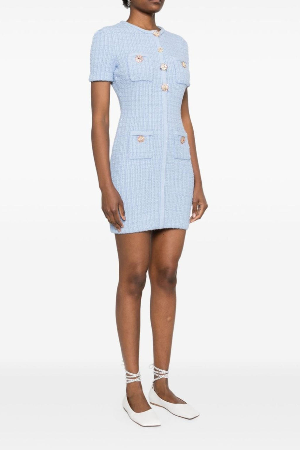 Flowering Girl Women Modesty Beaded Button Knit Mini Dress In Blue
