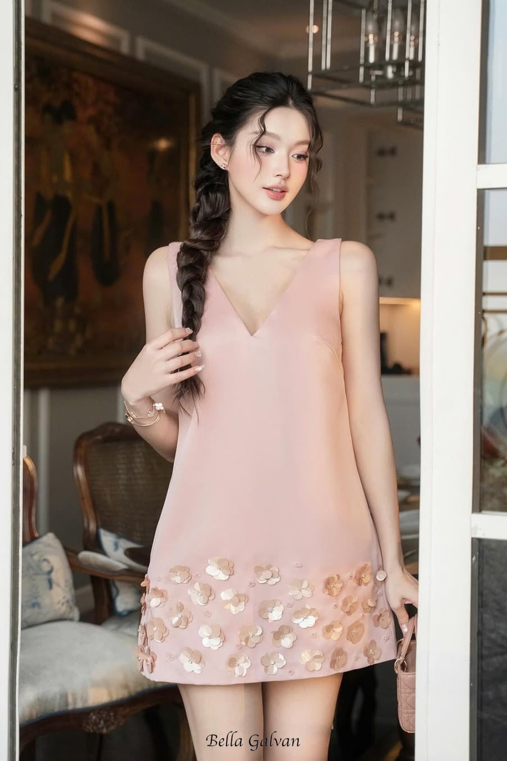 Flowering Girl Women flower sleeveless v-neck mini dress in pink