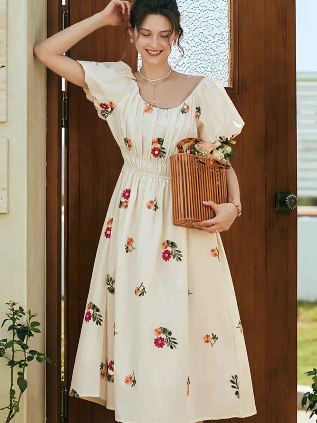 Flowering Girl Women rosalind Retro Embroidered Puff Sleeve Dress