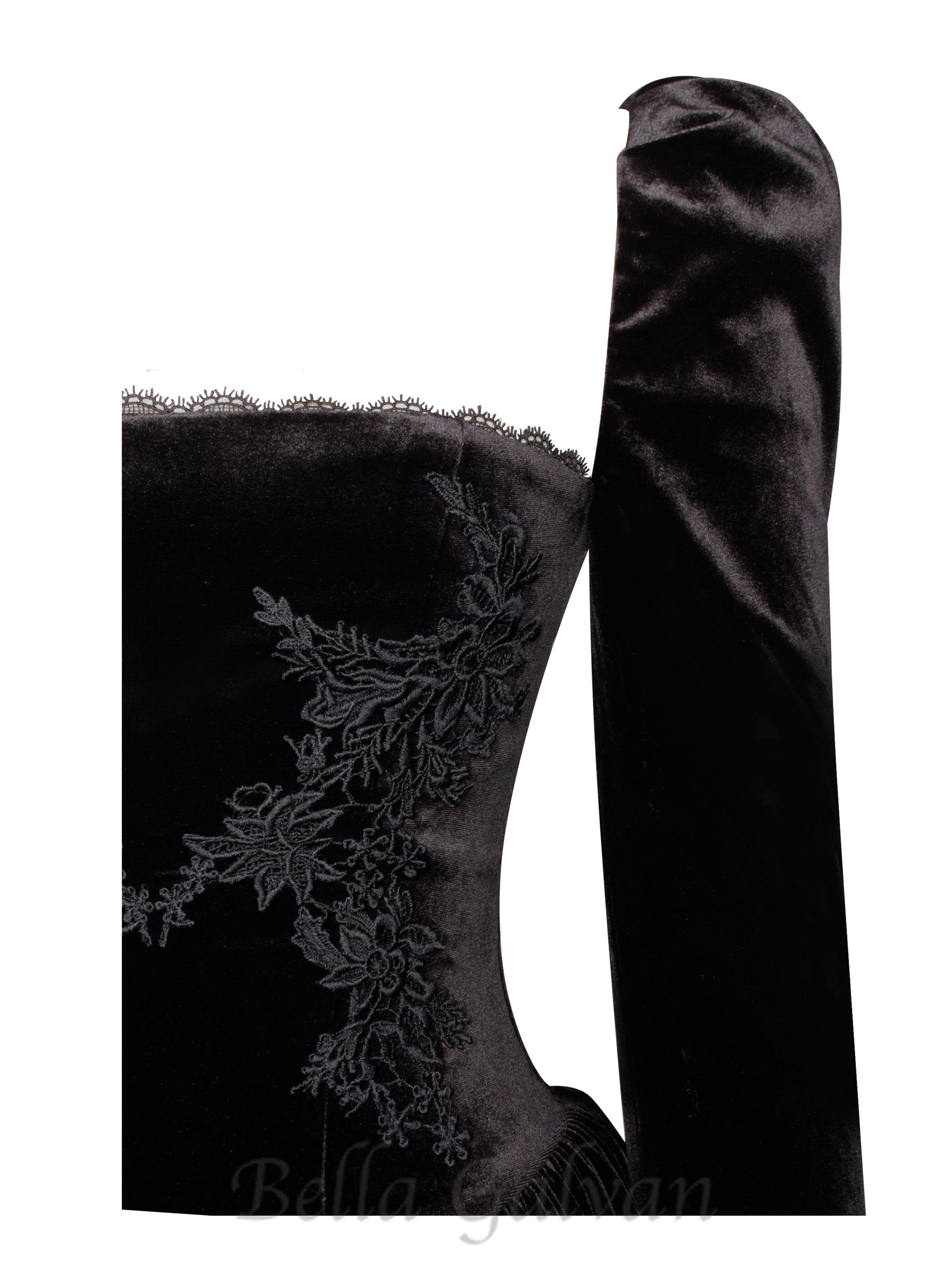 Flowering Girl Women Yolanda Black Velvet Long Sleeve Mini Dress with Lace Trim