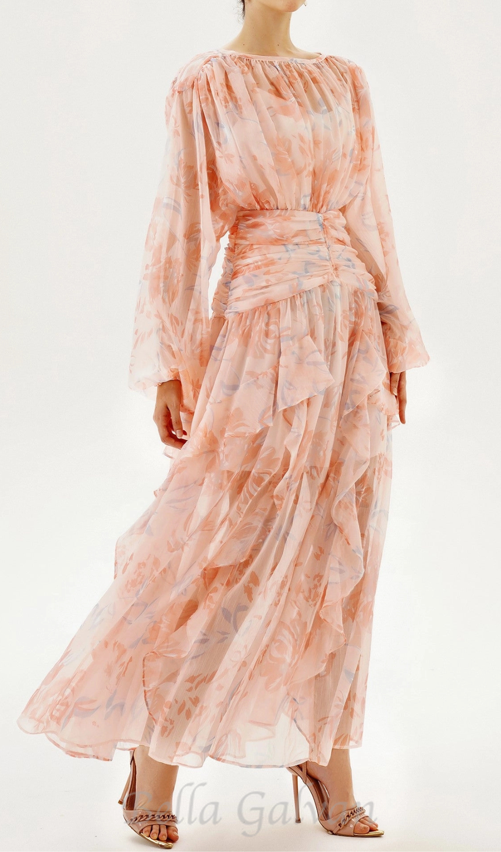 Flowering Girl Women puff long sleeve tiered ruffle hem maxi dress in pink