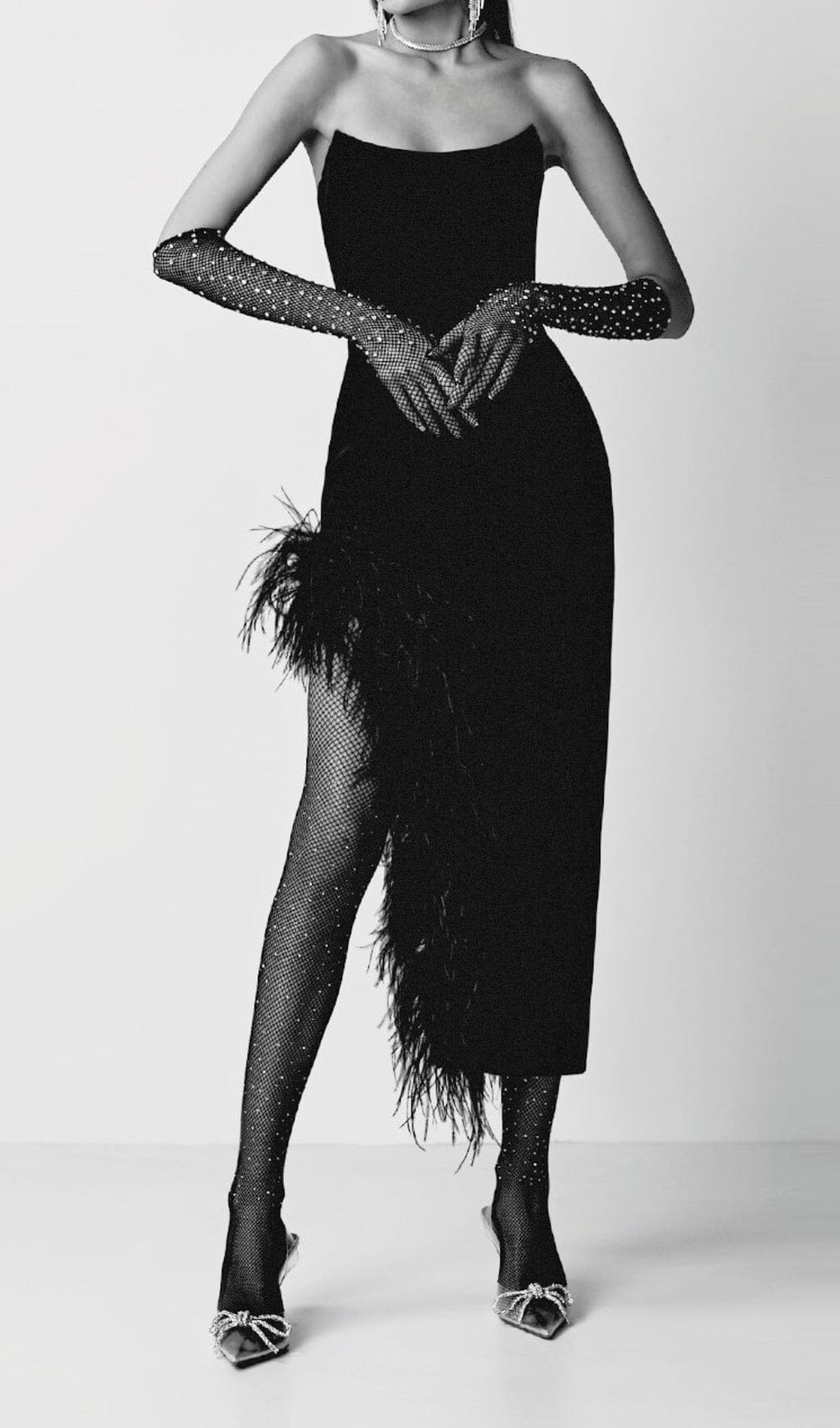 Flowering Girl Women Feather High-Low Dress In Black
