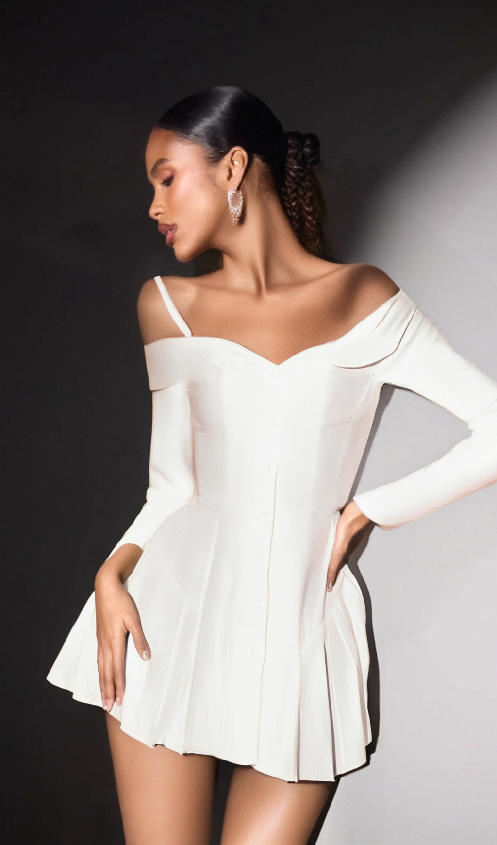 Flowering Girl Women off-shoulder pleated trim mini dress in white