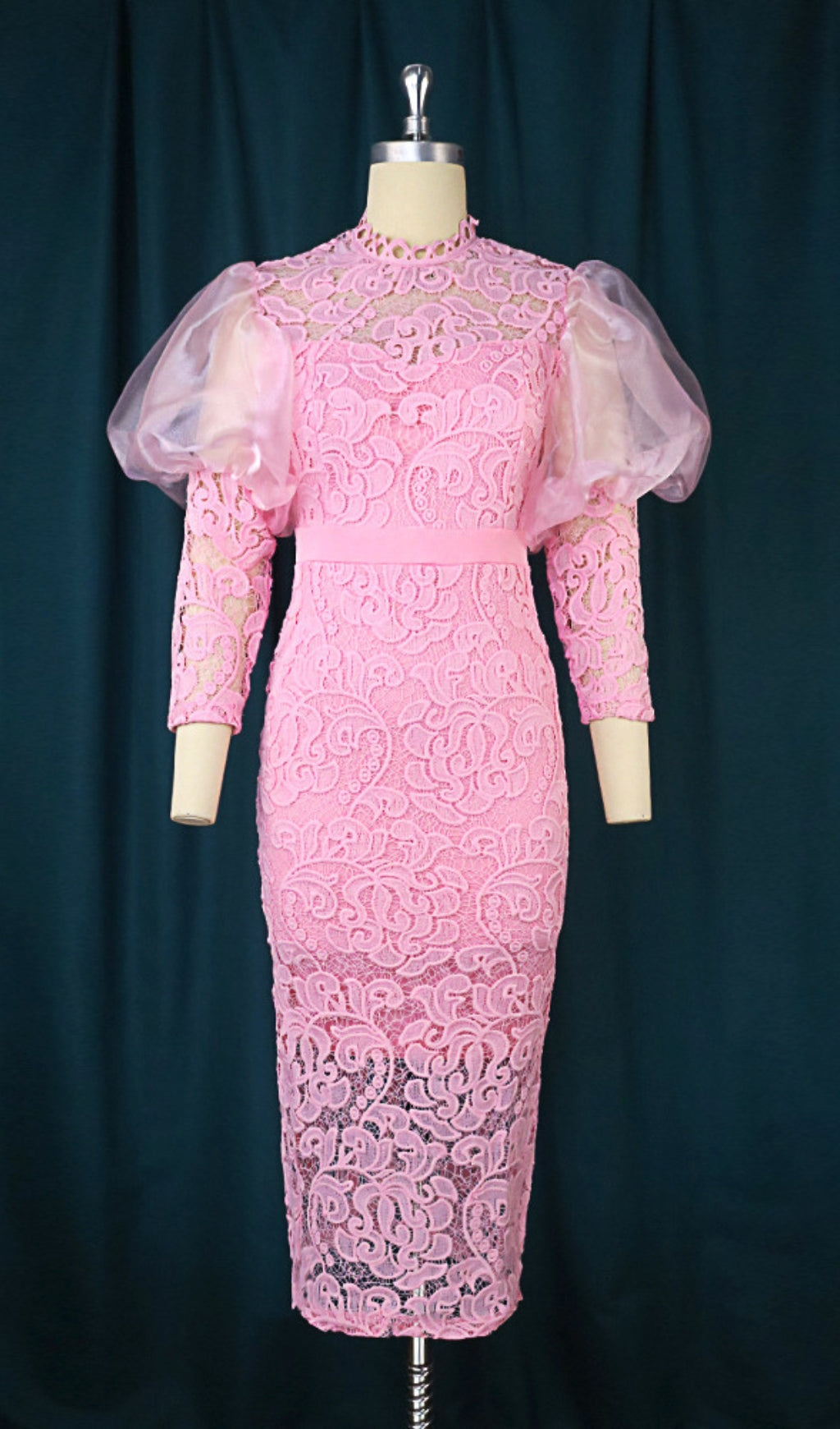 Flowering Girl Women Pink Puff Sleeve Lace Midi Dress