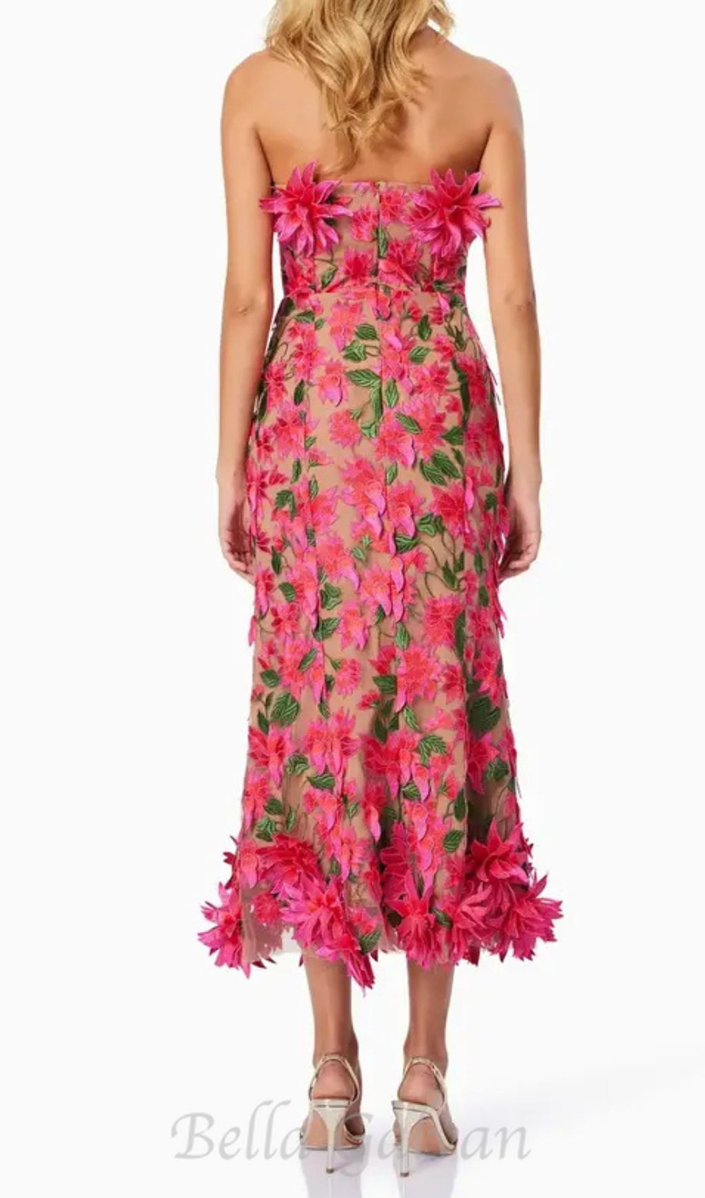 Flowering Girl Women 3D flower embroidery strapless midi dress in rose red