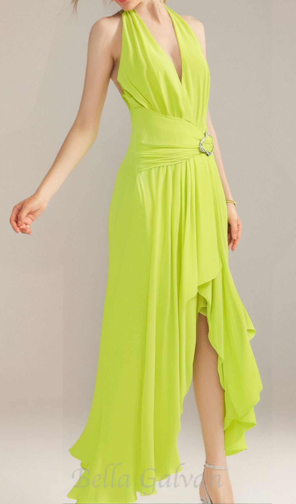 Flowering Girl Women maéva halter neck slit plunge neck maxi dress in green