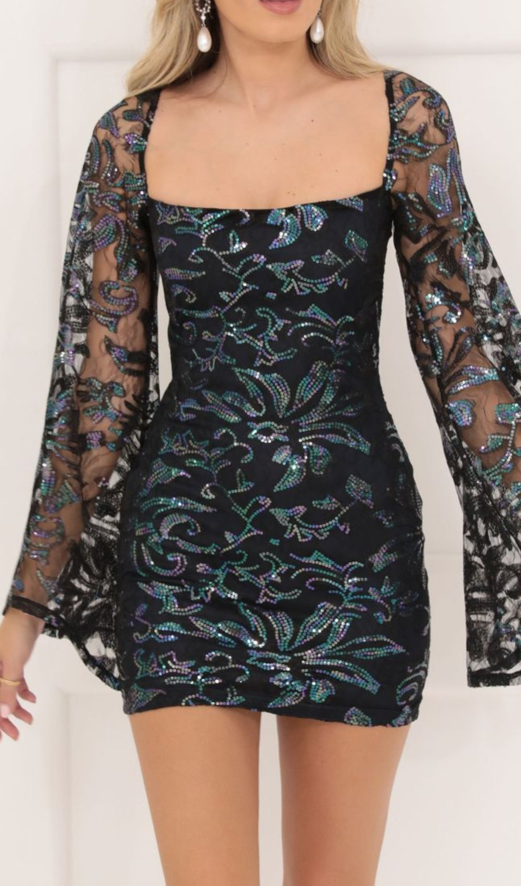 Flowering Girl Women Black Mesh Sequin Flare Sleeve Dress in Navy