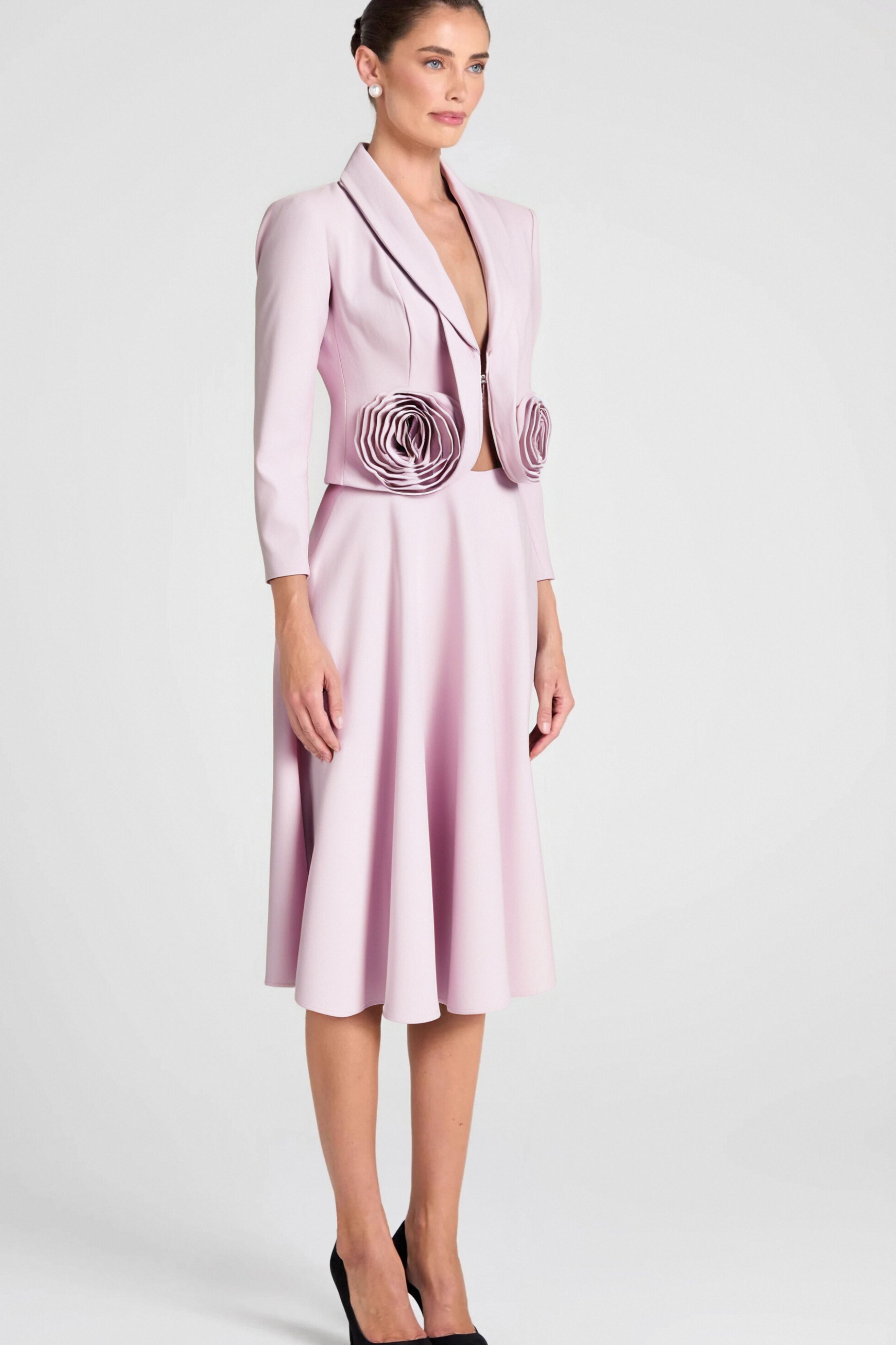 Flowering Girl Women Carol Pink 3D Floral Blazer ＆ High Waist Midi Skirt Set
