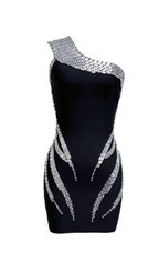 Flowering Girl Women One Shoulder Rhinestone Mini Dress In Black