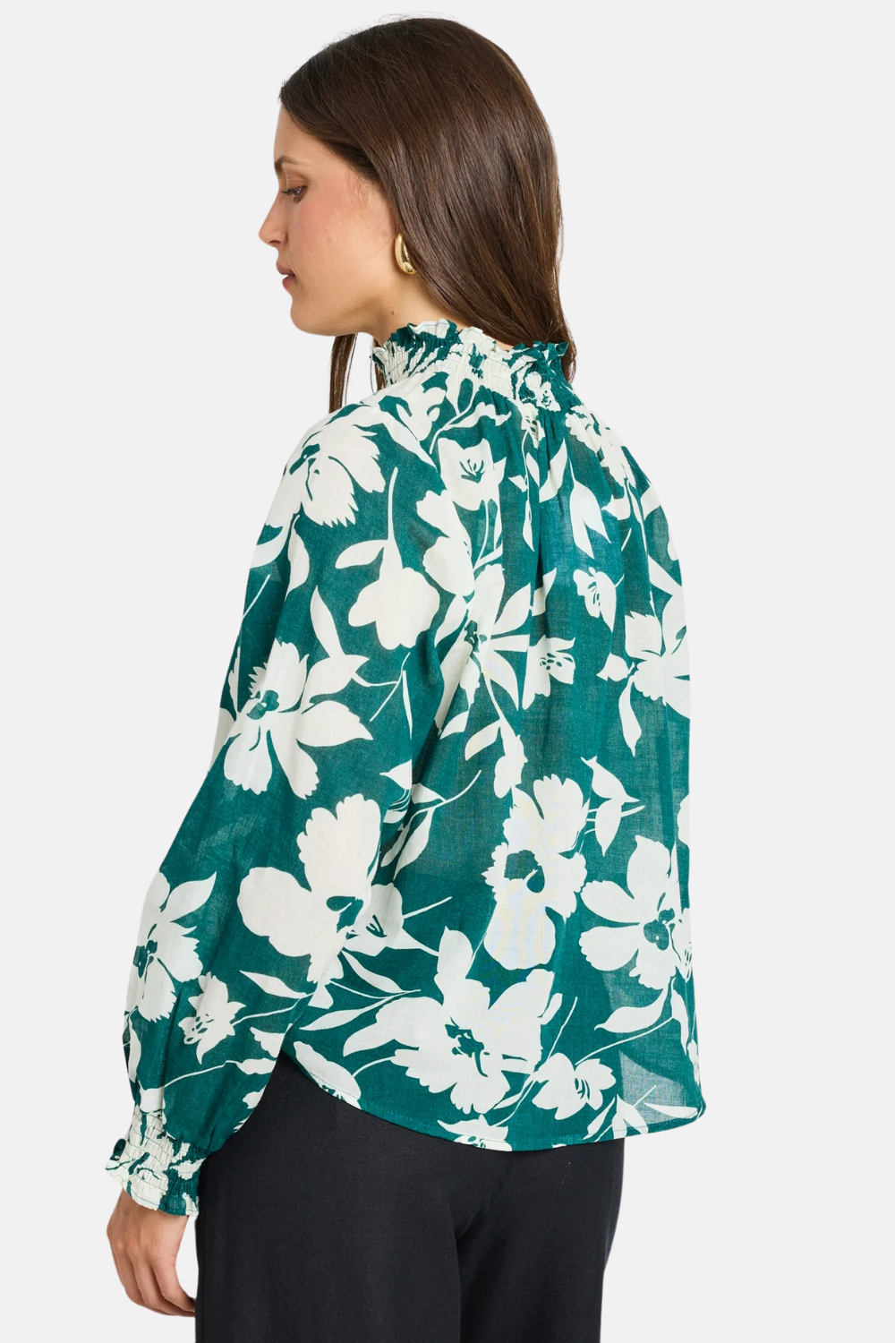 Flowering Girl Women Affection Forest Floral Shirred High Neck Ls Top
