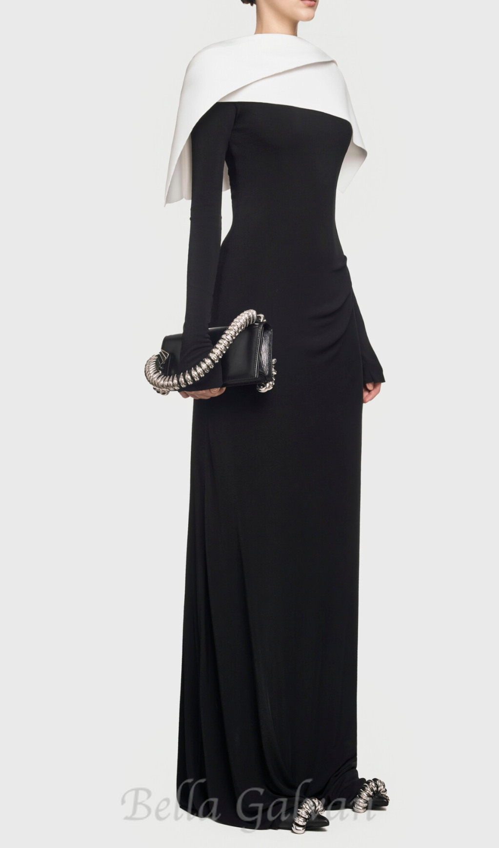 Flowering Girl Women black maxi dress with draped asymmetrical shoulder pleat