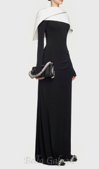 Flowering Girl Women black maxi dress with draped asymmetrical shoulder pleat